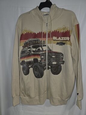 New W/tags Chevrolet Blazer Graphic Zip-Up Hoodie in Beige with Red/Gold Accents